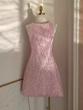 Niulatu A line Scoop Pink Sequin Travel Vacation Dress Short Birthday Dress SD128