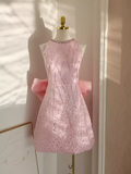 Niulatu A line Scoop Pink Sequin Travel Vacation Dress Short Birthday Dress SD128