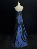 Niulatu Sweetheart Sleeveless Mermaid Satin Long Navy Blue Prom Dresses SD1291