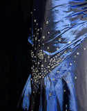 Niulatu Sweetheart Sleeveless Mermaid Satin Long Navy Blue Prom Dresses SD1291