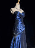 Niulatu Sweetheart Sleeveless Mermaid Satin Long Navy Blue Prom Dresses SD1291