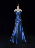 Niulatu Sweetheart Sleeveless Mermaid Satin Long Navy Blue Prom Dresses SD1291
