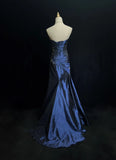 Niulatu Sweetheart Sleeveless Mermaid Satin Long Navy Blue Prom Dresses SD1291