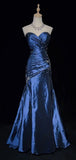 Niulatu Sweetheart Sleeveless Mermaid Satin Long Navy Blue Prom Dresses SD1291