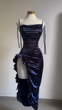 Niulatu Sheath Column Spaghetti Straps Navy Blue Backless Satin Prom Dress SD1293