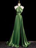 Niulatu A line Green Satin Halter Backless Prom Dress Prom Dress SD1294