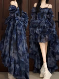 Niulatu High Low Off The Shoulder Blue Floral Holiday Dress Birthday Dresses Birthday Outfits SD1297