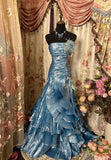 Niulatu Mermaid Strapless Blue Satin Prom Dresses Long Evening Gown Formal Party Dress SD1299