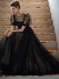 Niulatu Puff Sleeves Tulle Long Prom Dress Black Formal Evening Dress SD1303