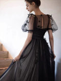 Niulatu Puff Sleeves Tulle Long Prom Dress Black Formal Evening Dress SD1303