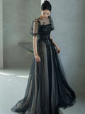 Niulatu Puff Sleeves Tulle Long Prom Dress Black Formal Evening Dress SD1303