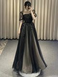 Niulatu Puff Sleeves Tulle Long Prom Dress Black Formal Evening Dress SD1303