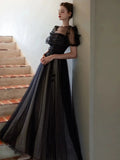 Niulatu Puff Sleeves Tulle Long Prom Dress Black Formal Evening Dress SD1303