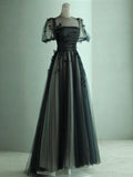 Niulatu Puff Sleeves Tulle Long Prom Dress Black Formal Evening Dress SD1303