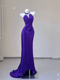 Niulatu Sheath Halter Grape Satin Long Prom Dresses Evening Gown Formal Party Dress With Ruffles SD1305