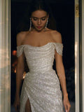 Niulatu Sheath Off The Shoulder Sequin Slit Long Prom Dresses Evening Gown Formal Party Dress With Ruffles SD1306
