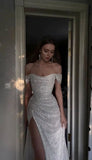 Niulatu Sheath Off The Shoulder Sequin Slit Long Prom Dresses Evening Gown Formal Party Dress With Ruffles SD1306