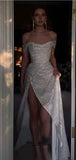 Niulatu Sheath Off The Shoulder Sequin Slit Long Prom Dresses Evening Gown Formal Party Dress With Ruffles SD1306