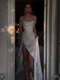 Niulatu Sheath Off The Shoulder Sequin Slit Long Prom Dresses Evening Gown Formal Party Dress With Ruffles SD1306