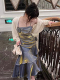 Niulatu Spaghetti Straps Prom Dresses Gray Blue Party Dress SD1307