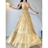 Niulatu A line Spaghetti Straps Yellow Floral Holiday Dress Birthday Dresses Birthday Outfits SD1308