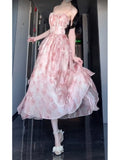Niulatu A line Spaghetti Straps Pink Floral Holiday Dress Birthday Dresses Birthday Outfits SD1309