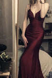 Niulatu Straps Mermaid Burgundy Backless Satin Long Prom Dresses SD1311