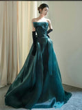 Niulatu Ball Gown Strapless Green Organza Prom Dresses Long Party Dress SD1312