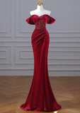 Niulatu Mermaid Off The Shoulder Red Velvet Prom Dresses Long Party Dress SD1314