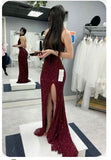 Niulatu Mermaid Spaghetti Straps Burgundy Sequin Prom Dresses Party Dress SD1316
