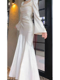 Niulatu Mermaid Long Sleeves Ankle Length White Prom Dresses Party Dress SD1318