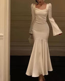 Niulatu Mermaid Long Sleeves Ankle Length White Prom Dresses Party Dress SD1318