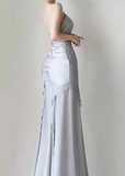 Niulatu Mermaid Straps Satin Silver Long Prom Dresses Party Dress SD1320