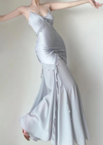 Niulatu Mermaid Straps Satin Silver Long Prom Dresses Party Dress SD1320