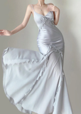 Niulatu Mermaid Straps Satin Silver Long Prom Dresses Party Dress SD1320