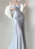 Niulatu Mermaid Straps Satin Silver Long Prom Dresses Party Dress SD1320