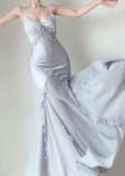 Niulatu Mermaid Straps Satin Silver Long Prom Dresses Party Dress SD1320