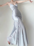 Niulatu Mermaid Straps Satin Silver Long Prom Dresses Party Dress SD1320