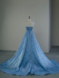 Niulatu A Line Strapless Blue Satin Long Prom Dresses Party Dress SD1321