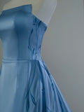 Niulatu A Line Strapless Blue Satin Long Prom Dresses Party Dress SD1321