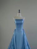 Niulatu A Line Strapless Blue Satin Long Prom Dresses Party Dress SD1321