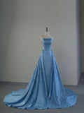 Niulatu A Line Strapless Blue Satin Long Prom Dresses Party Dress SD1321