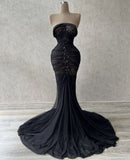 Niulatu Mermaid Strapless Black Chiffon Long Prom Dresses Party Dress SD1322