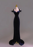 Niulatu Mermaid Straps Navy Blue Velvet Long Prom Dresses Party Dress SD1323