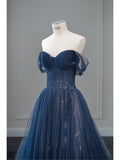 Niulatu Ball Gown Off The Shoulder Navy Blue Tulle Long Prom Dresses Party Dress SD1326