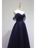 Niulatu Ball Gown Off The Shoulder Navy Blue Tulle Long Prom Dresses Party Dress SD1326