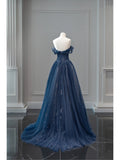 Niulatu Ball Gown Off The Shoulder Navy Blue Tulle Long Prom Dresses Party Dress SD1326