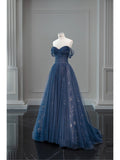 Niulatu Ball Gown Off The Shoulder Navy Blue Tulle Long Prom Dresses Party Dress SD1326