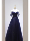 Niulatu Ball Gown Off The Shoulder Navy Blue Tulle Long Prom Dresses Party Dress SD1326