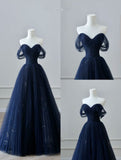 Niulatu Ball Gown Off The Shoulder Navy Blue Tulle Long Prom Dresses Party Dress SD1326